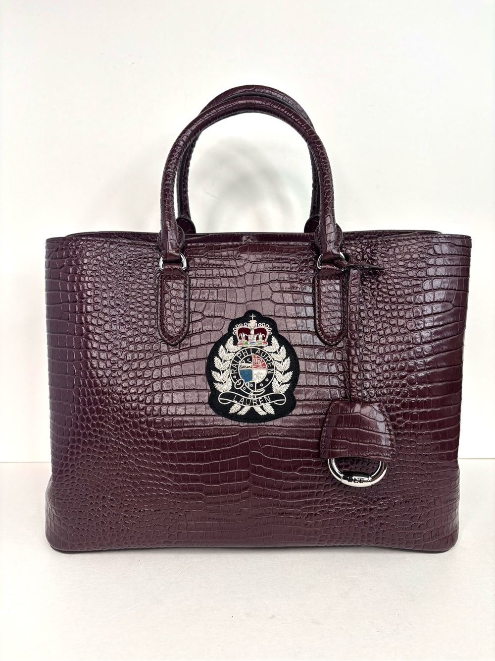 Ralph Lauren Bullion Large Marcy Satchel Croc-Embossed Mahogany Leather Bag